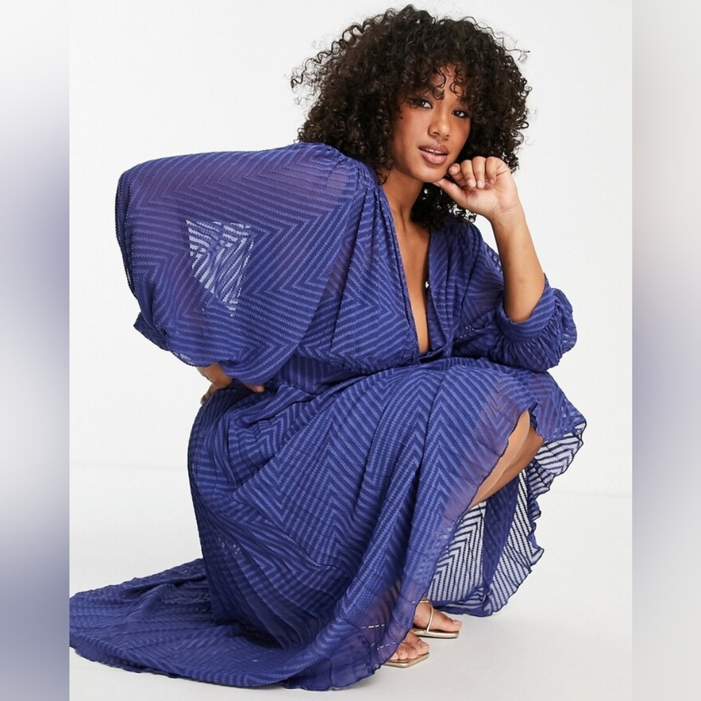 ASOS DESIGN Pleated Chevron Batwing Sheer Midi Dress Size 18 - Picture 9 of 10